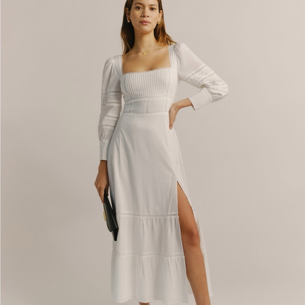 Reformation White Square-Neck Midi Dress with Puff Sleeves